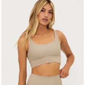 NWT Beach Riot Leah Top Ribbed Sports Bra Top Scoop Neck Cropped Taupe Large